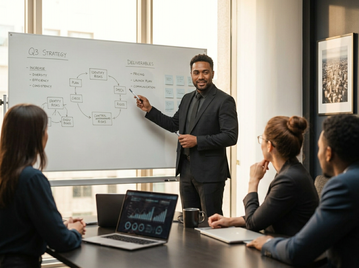 A team leader coaching colleagues through a quarterly strategy session